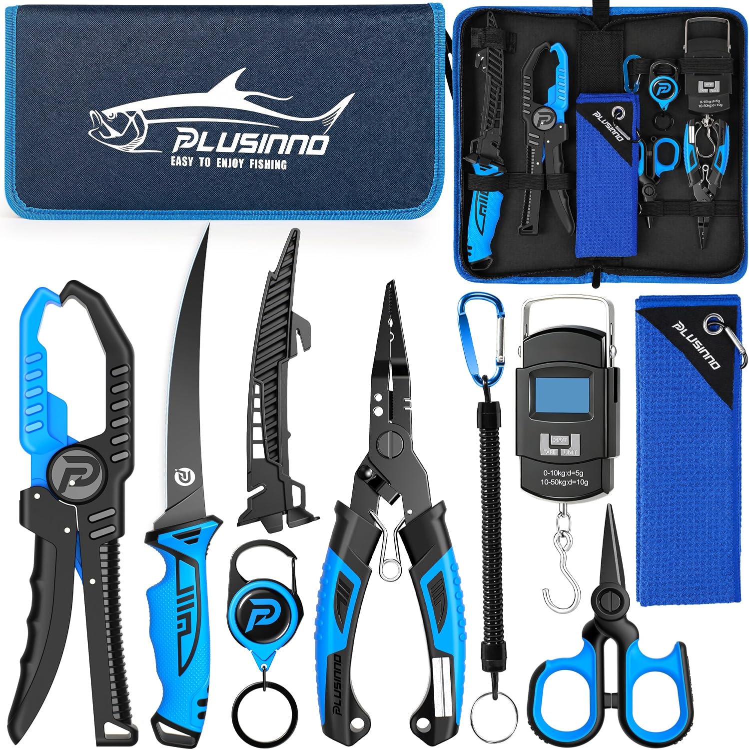 PLUSINNO 9PCS Fishing Gear, Fishing Tools with Tools Bag, Fishing Accessories, Corrosion Resistant Fishing Pliers Kit, Fishing Knife, Fish Lip Gripper, Fishing Scale, Towel, Fishing Gifts for Men