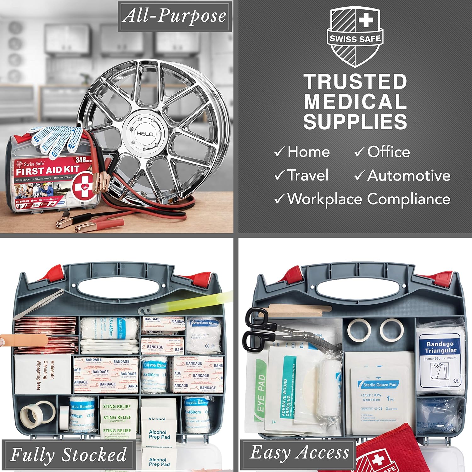 Swiss Safe 2-in-1 378-Pcs Car First Aid Kit, Jumper Cables, Essentials