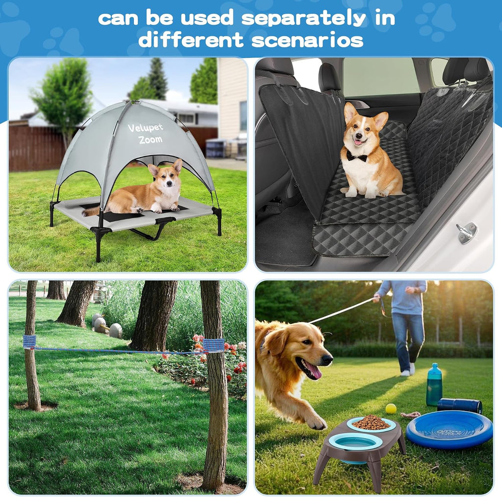 4-in-1 Pet Travel & Outdoor Set, Include 36in Gray Elevated Dog Bed with Canopy, Dog Canopy Bed, Pet Back Seat Cover, 50ft Tie Out Cable, Collapsible Double Pet Bowls