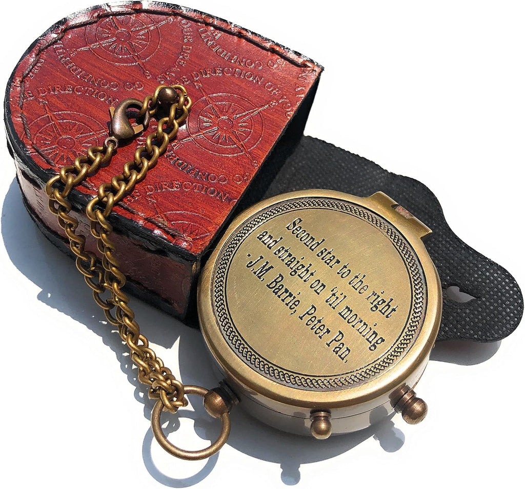 Second Star to The Right J. M. Barrie, Peter Pan Engraved Brass Compass Directional Compass Magnetic Pocket Personalized Gift for Camping, Hiking and Touring