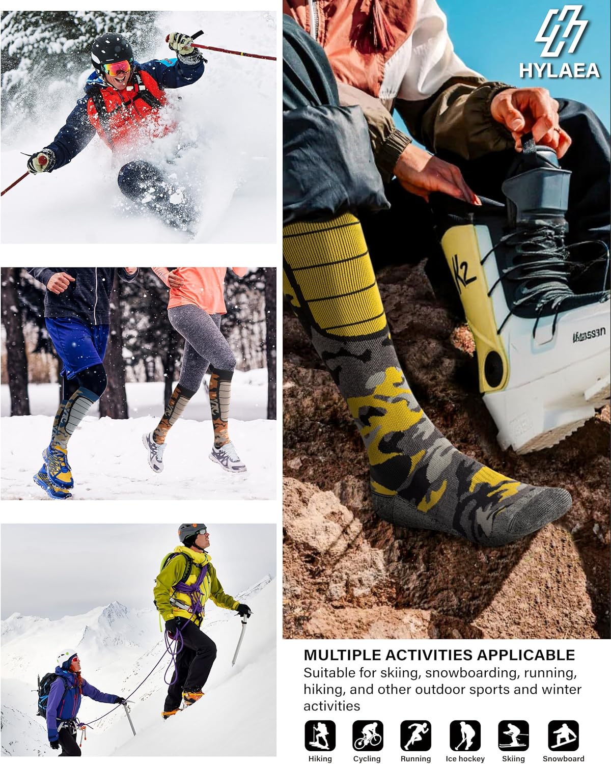 Hylaea Unisex Knee High Merino Wool Ski Snowboard Socks, Cushioning & Warm