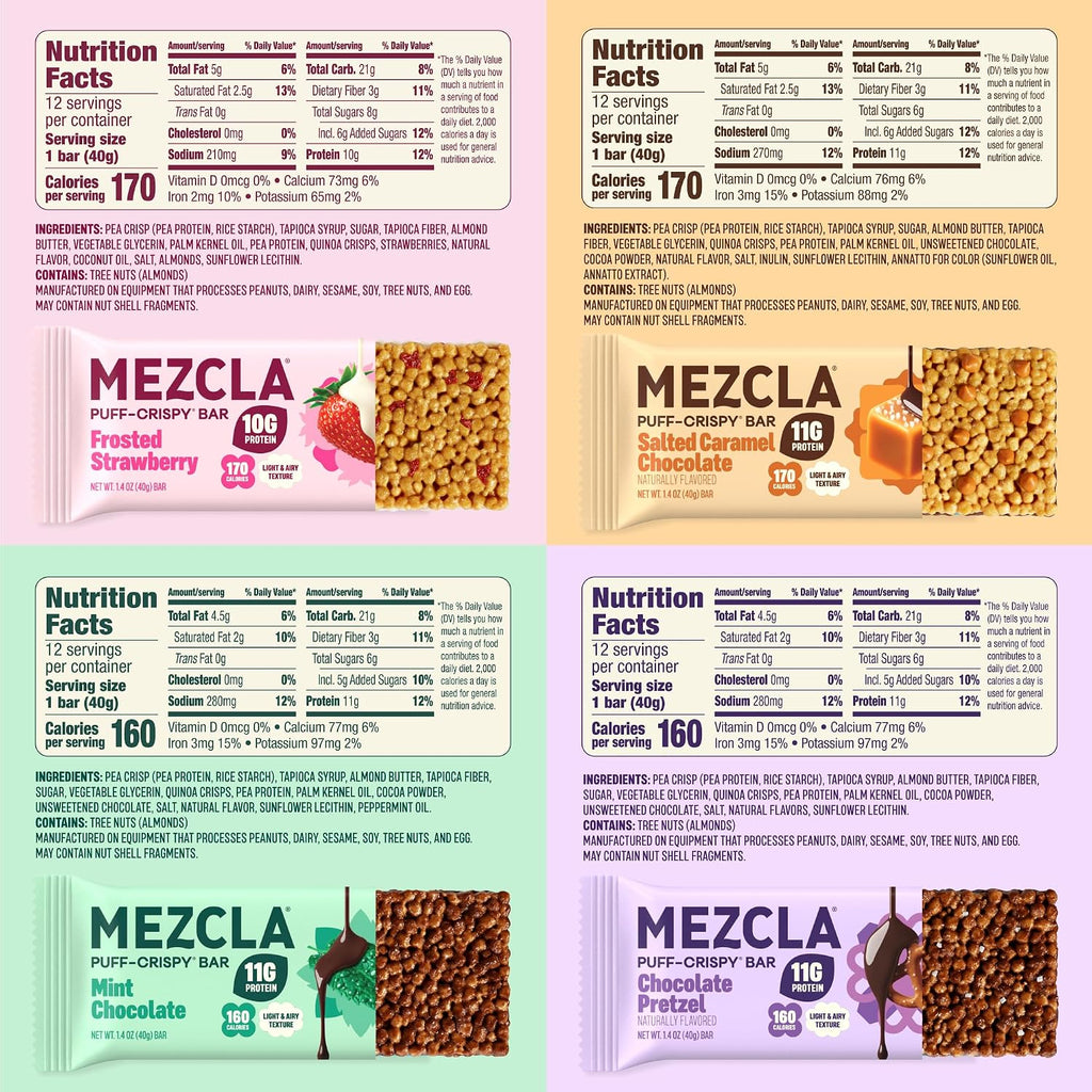 Mezcla Variety Pack Puff Crispy Vegan Bars, 10g Protein, 8 Bars