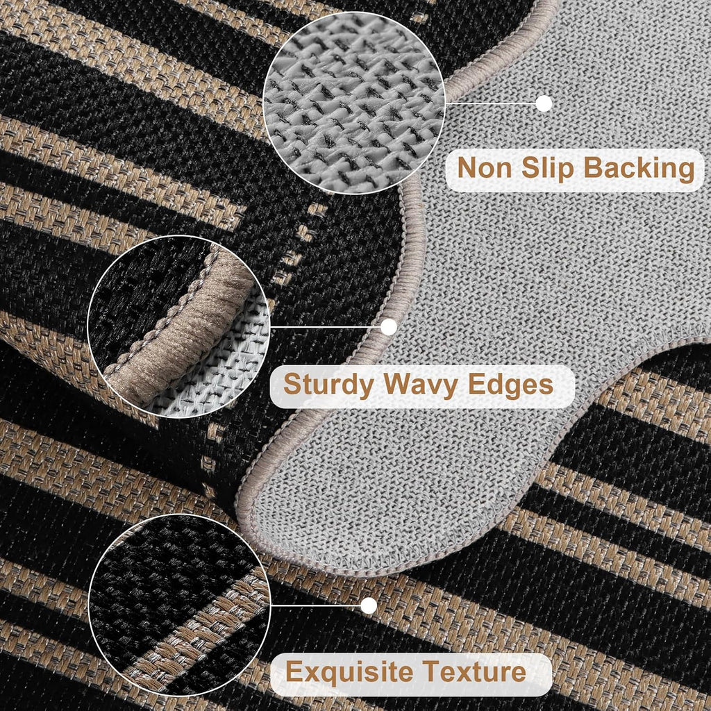 Striped Easy Jute Outdoor Patio Rug, 3x5 Washable Rugs for Entryway Indoor Outdoor Living Room Area Rug, Farmhouse Non Slip Black Carpet for Backyard Bedroom Porch