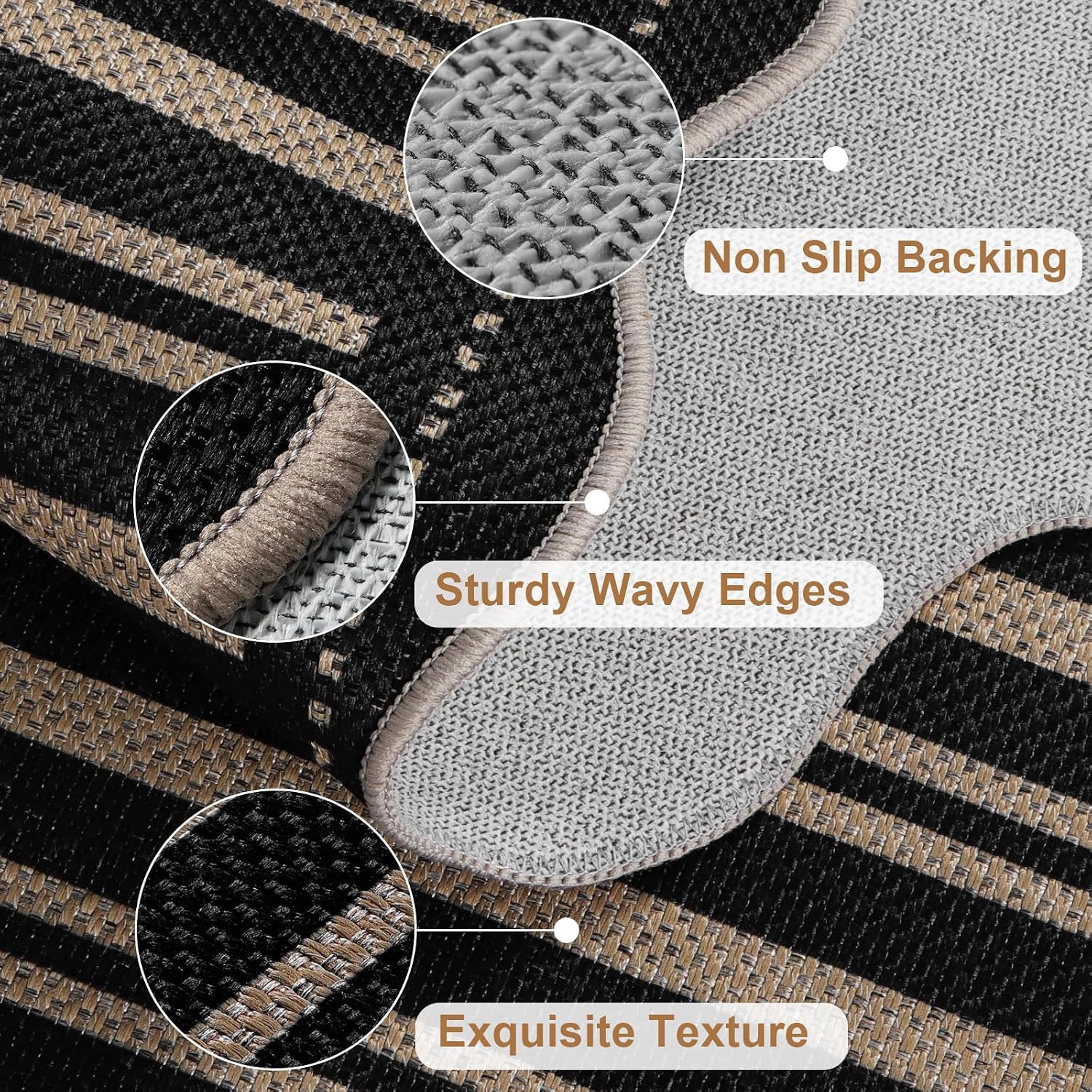 Striped Easy Jute Outdoor Patio Rug, 3x5 Washable Rugs for Entryway Indoor Outdoor Living Room Area Rug, Farmhouse Non Slip Black Carpet for Backyard Bedroom Porch