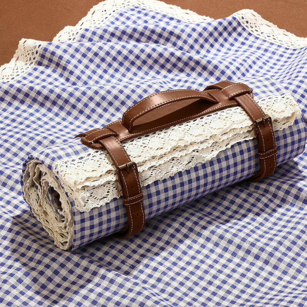 VitalCozy Gingham Picnic Blankets 59x78 in Outdoor Waterproof, Coffee White