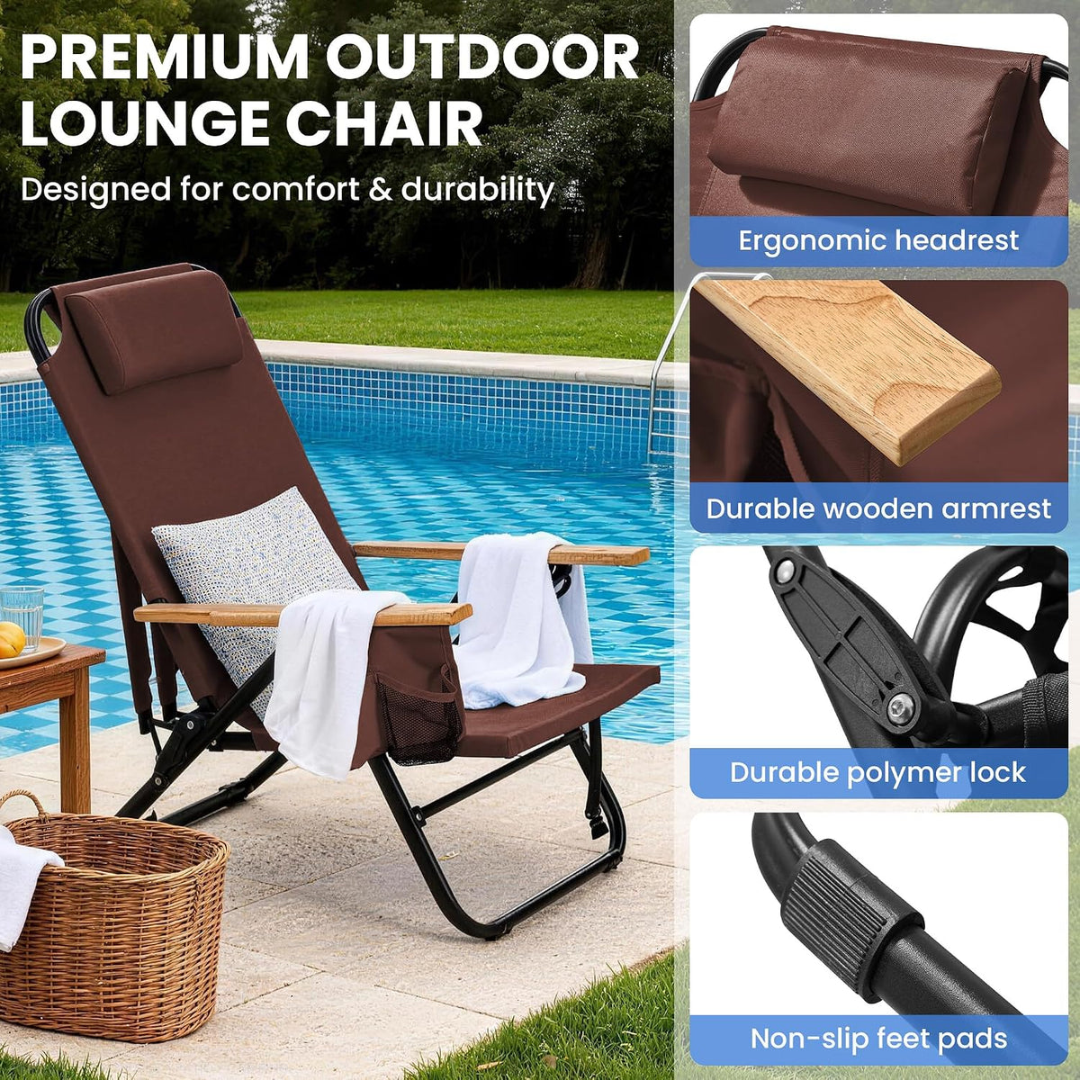 2 Pack Premium 5-Position Reclining Camping Chair - Portable Folding Lightweight Outdoor Chair with Wooden Armrests, Headrest & Pockets, 350lbs Heavy Duty for Beach, Patio, Backyard, Coffee