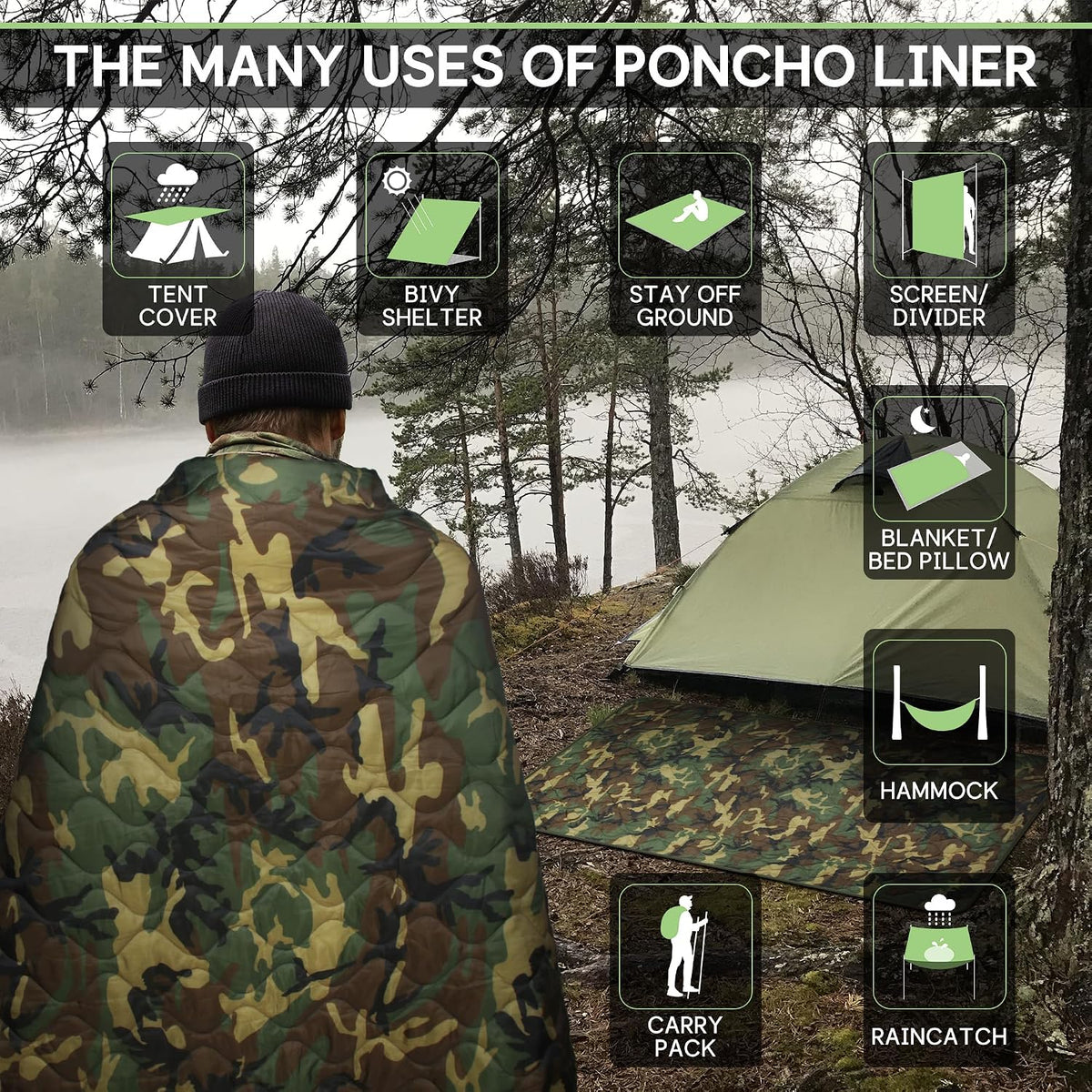 Mirzoyan Woobie Blanket, Military Poncho Liner Camo Insulated Camping Woobie Blanket for Outdoor Hiking Survival Hunting