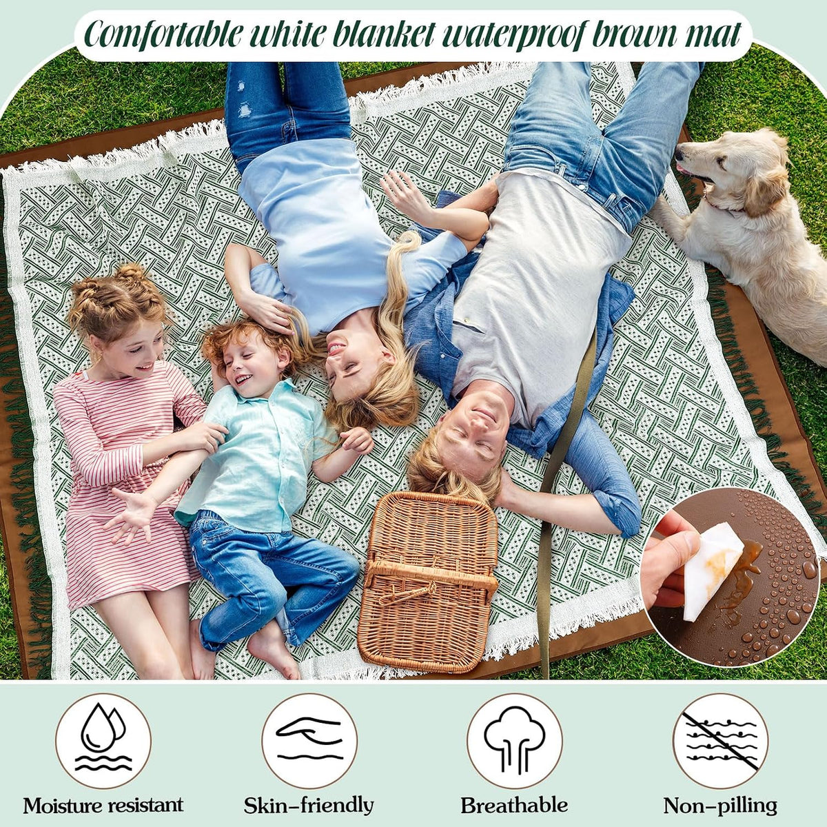 VitalCozy Waterproof Picnic Blankets 71×71 Inch Outdoor Blanket, Green