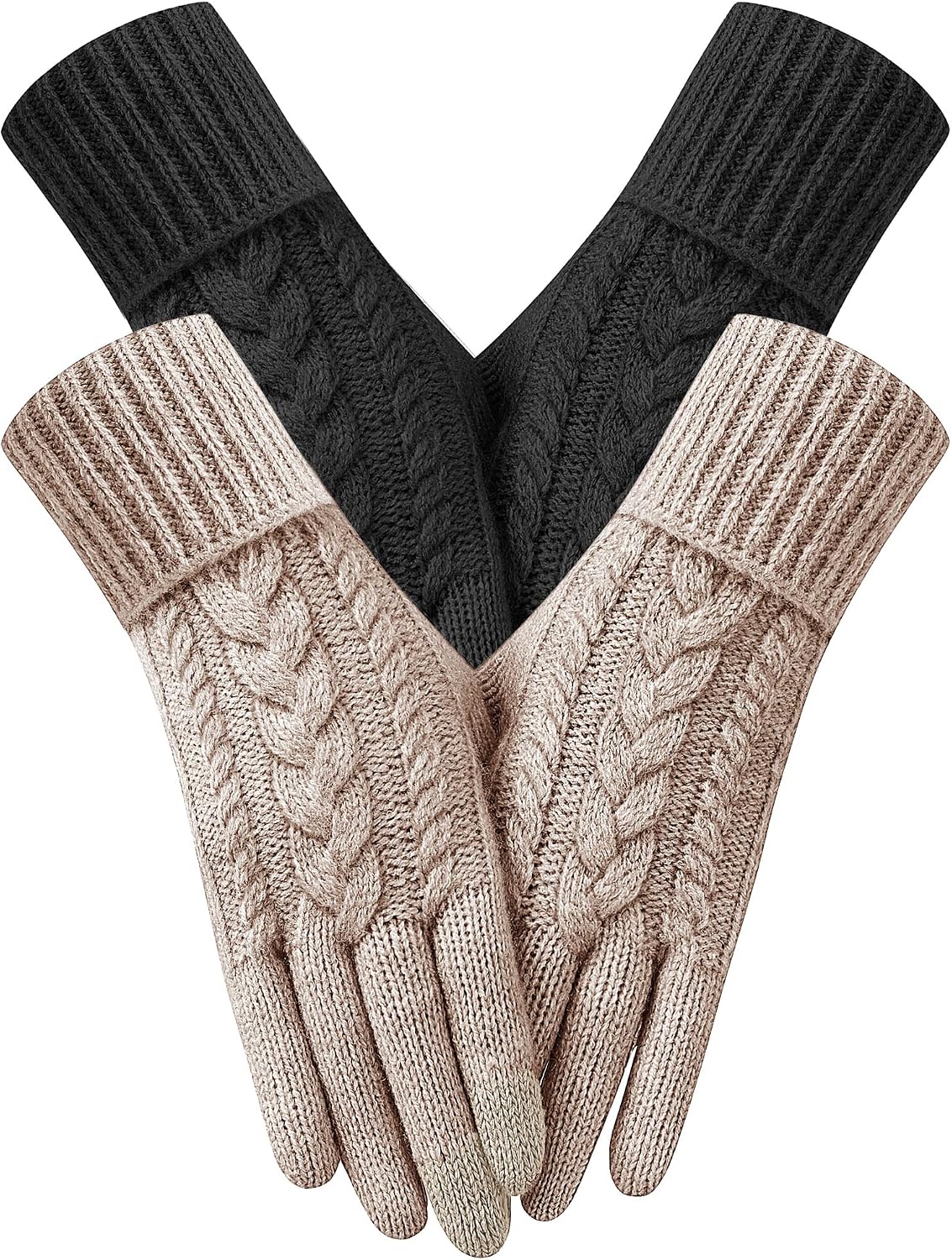 2 Pairs Winter Gloves for Women Cold Weather, Touch Screen Thermal Warm Fleece Lined Knit Gloves for Christmas Gifts