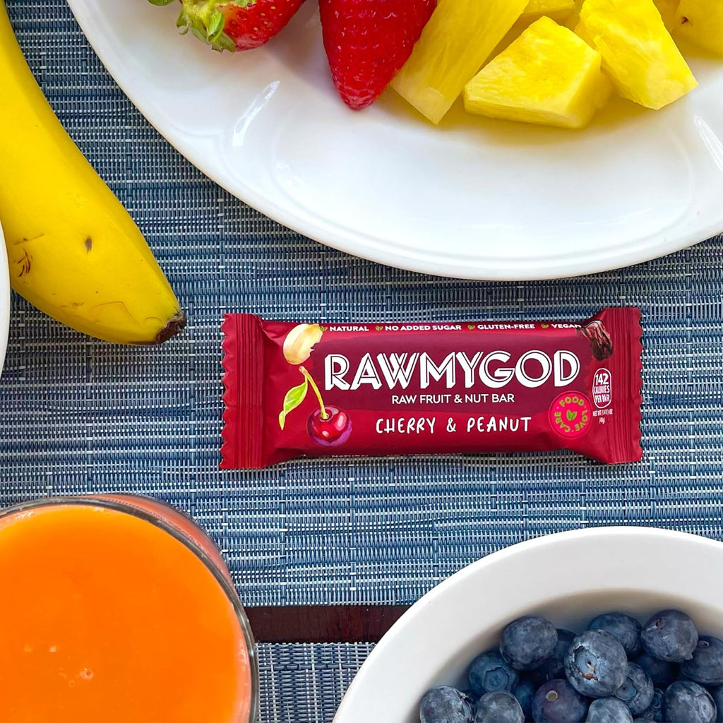 RAWMYGOD Fruit and Nut Bars, Gluten Free, Vegan, No Added Sugar (16 bars, Cherry & Peanut)