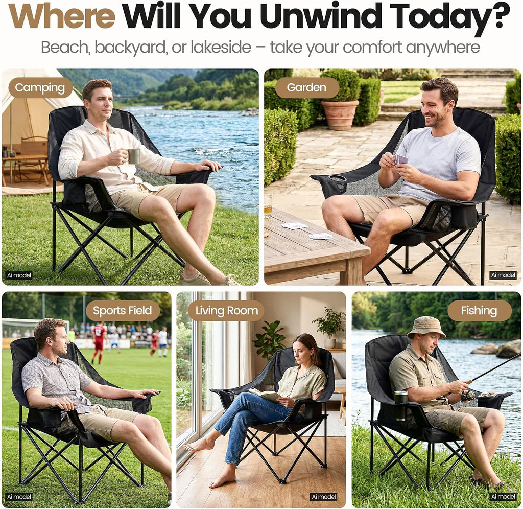 2 Pack Oversized Camping Chairs for Adults & Teens, Heavy Duty 400 LBS Capacity Portable Folding Mesh Lawn Chairs for Camping, Beach, Picnic, Patio, Fishing, RV (Black, Mesh)