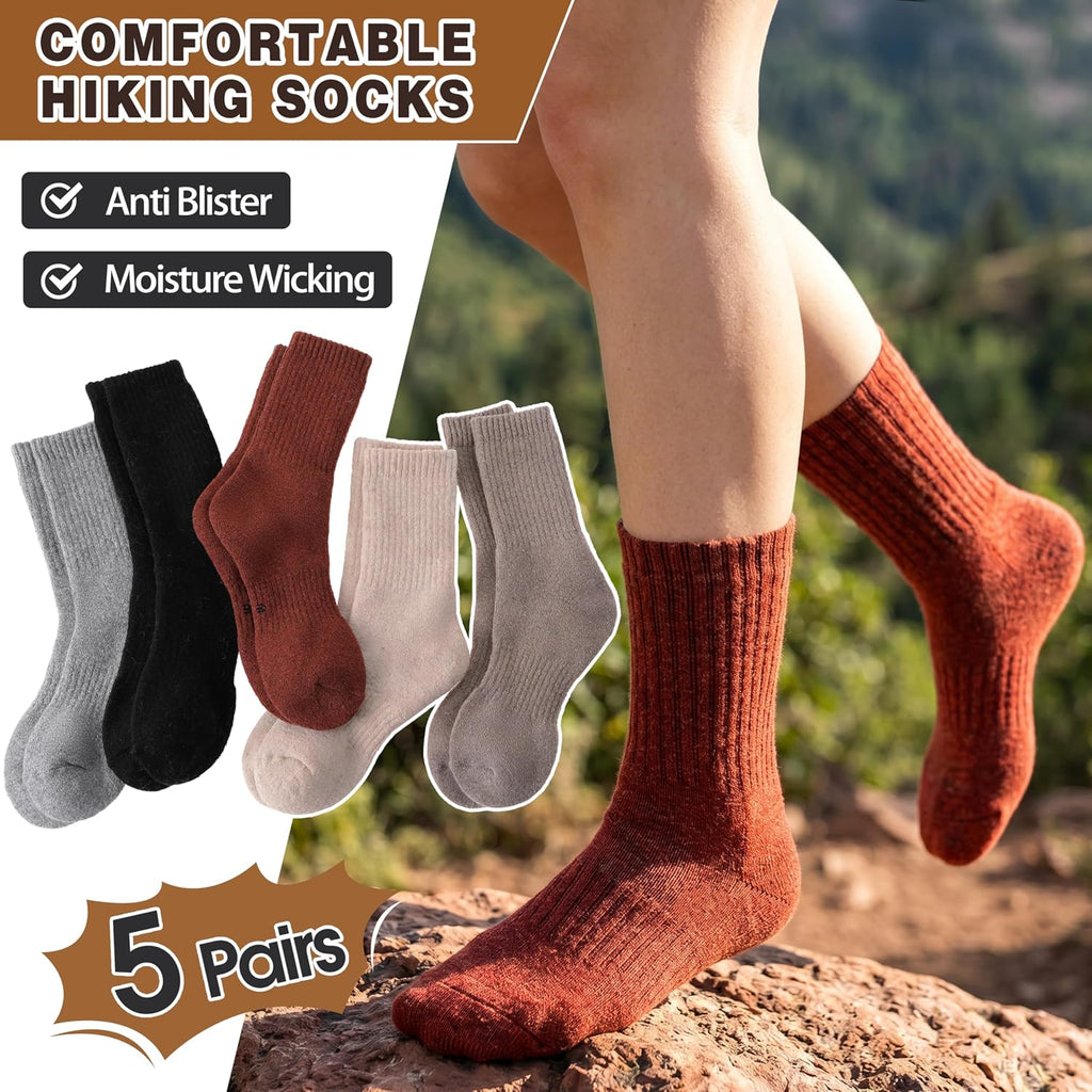 MOGGEI 5 Pairs Womens Merino Wool Socks Hiking Warm Winter Thick Thermal Crew Cozy Cabin Ladies Gift Comfy Boot Work Socks