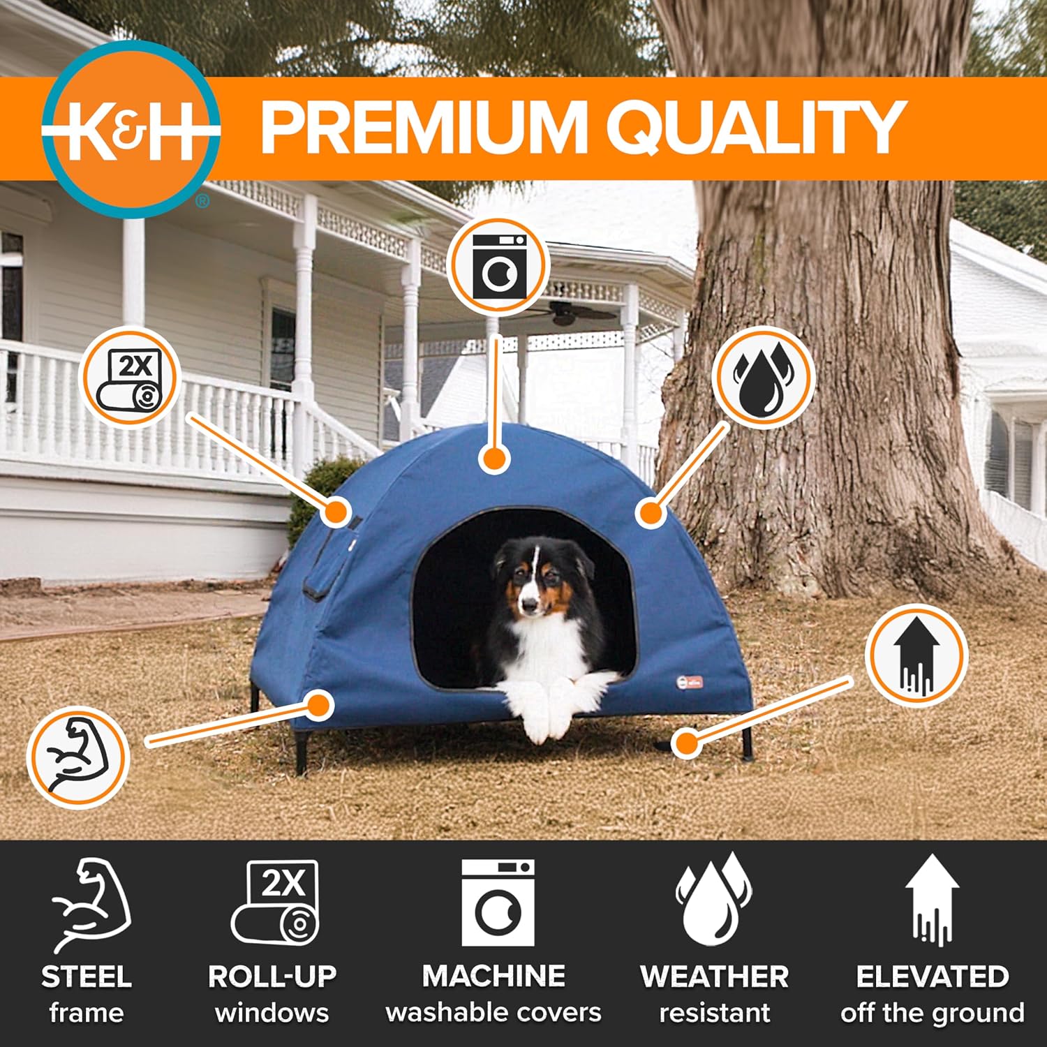 K&H Elevated Dog Bed, Outdoor Pet Cot House for Large Pets - 42x30in Blue