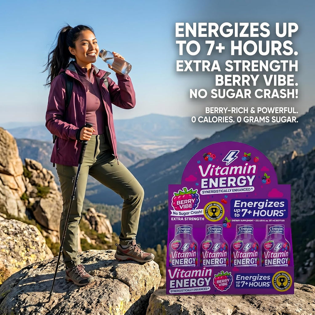 Vitamin Energy Berry Vibe Extra Strength Energy Shot, 36 Pack - Up to 7 Hrs, 260mg Natural Caffeine, Zero Sugar - BCAAs + CoQ10, Focus Support, B12 B6 Niacin, 1.93 fl oz, Keto Vegan