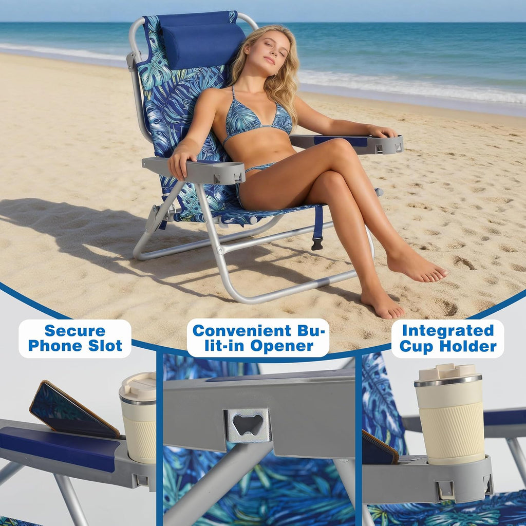 SUNNYFEEL Extra Wide Low Beach Chair 2 Pack 5 Position Lay, XL Oversized Portable Folding Camping Chairs with Cup Holder for Outdoor/Sand, Foldable Backpack Beach Chair for Adults Heavy Duty 500 LBS