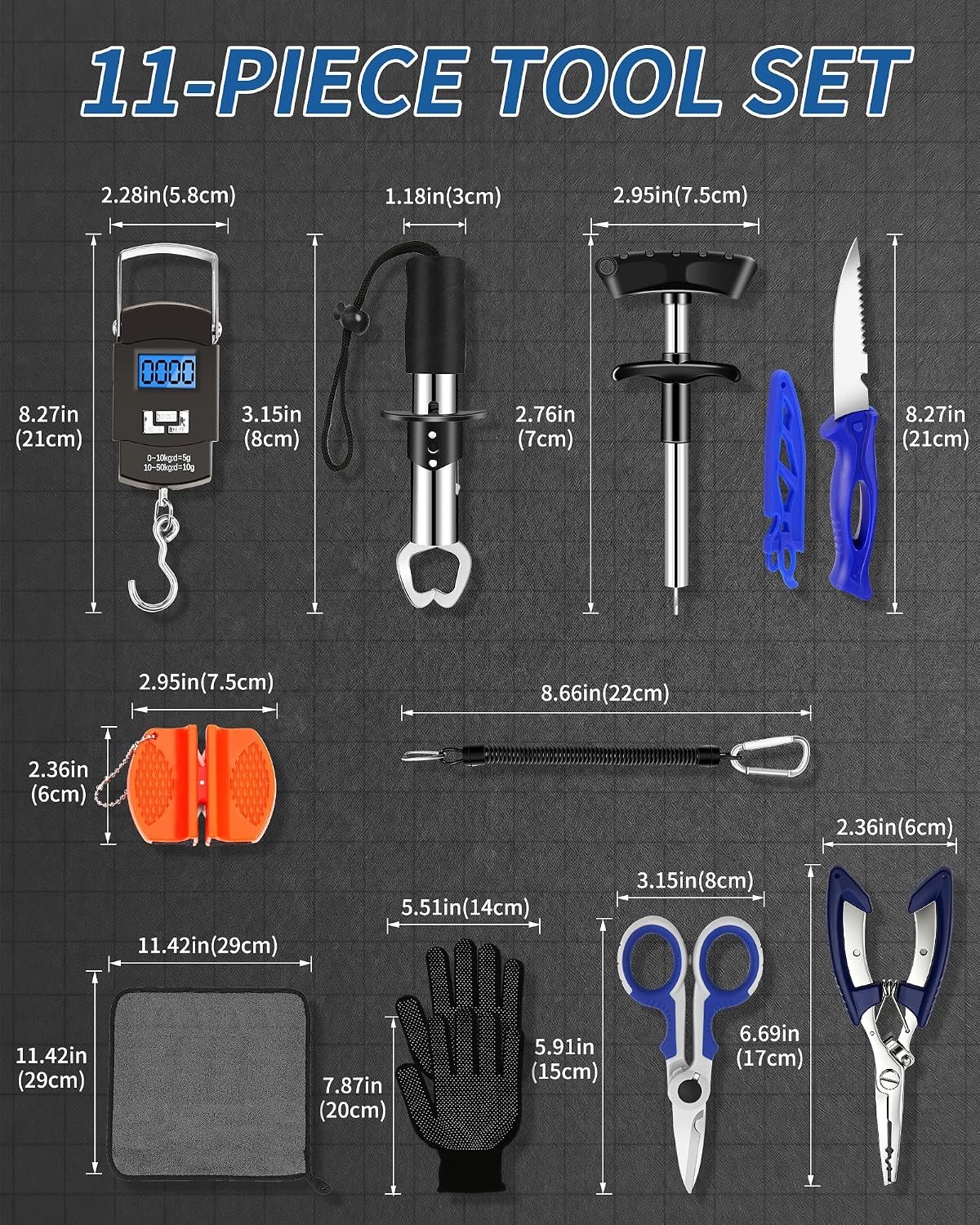 Fishing Tool Kit - Fishing Pliers, Hook Remover, Fish Gripper，Fish Scale, Fish Knife, Saltwater Fishing Gear with Sharpeners, Best Gifts for Men