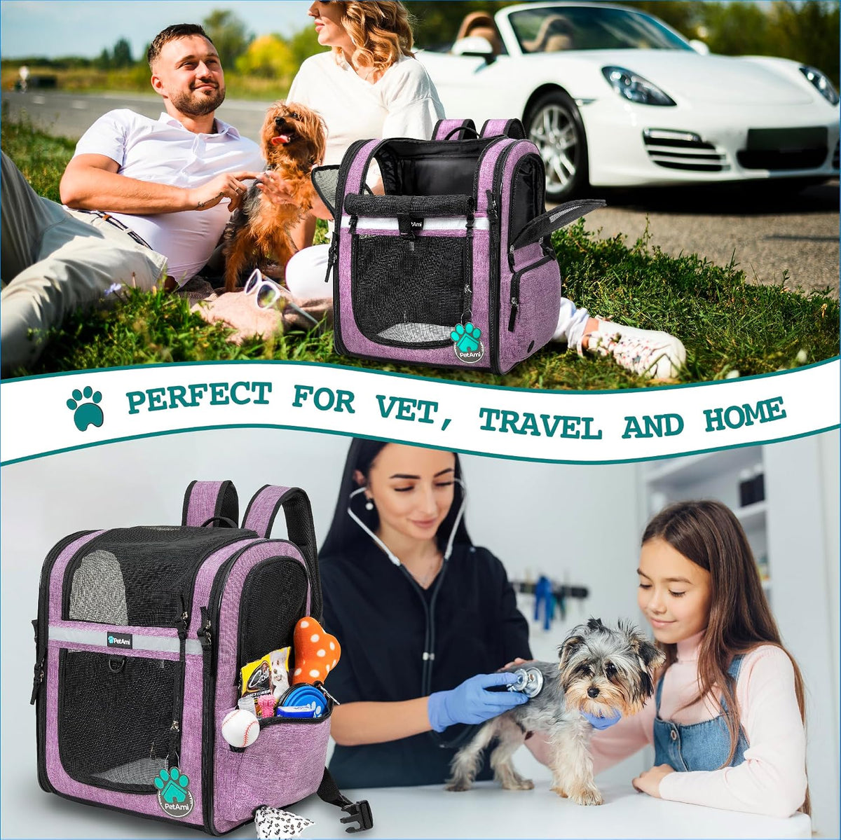 PetAmi Dog Backpack Carrier, 4-Way Entry Ventilated, 18 lbs, Purple