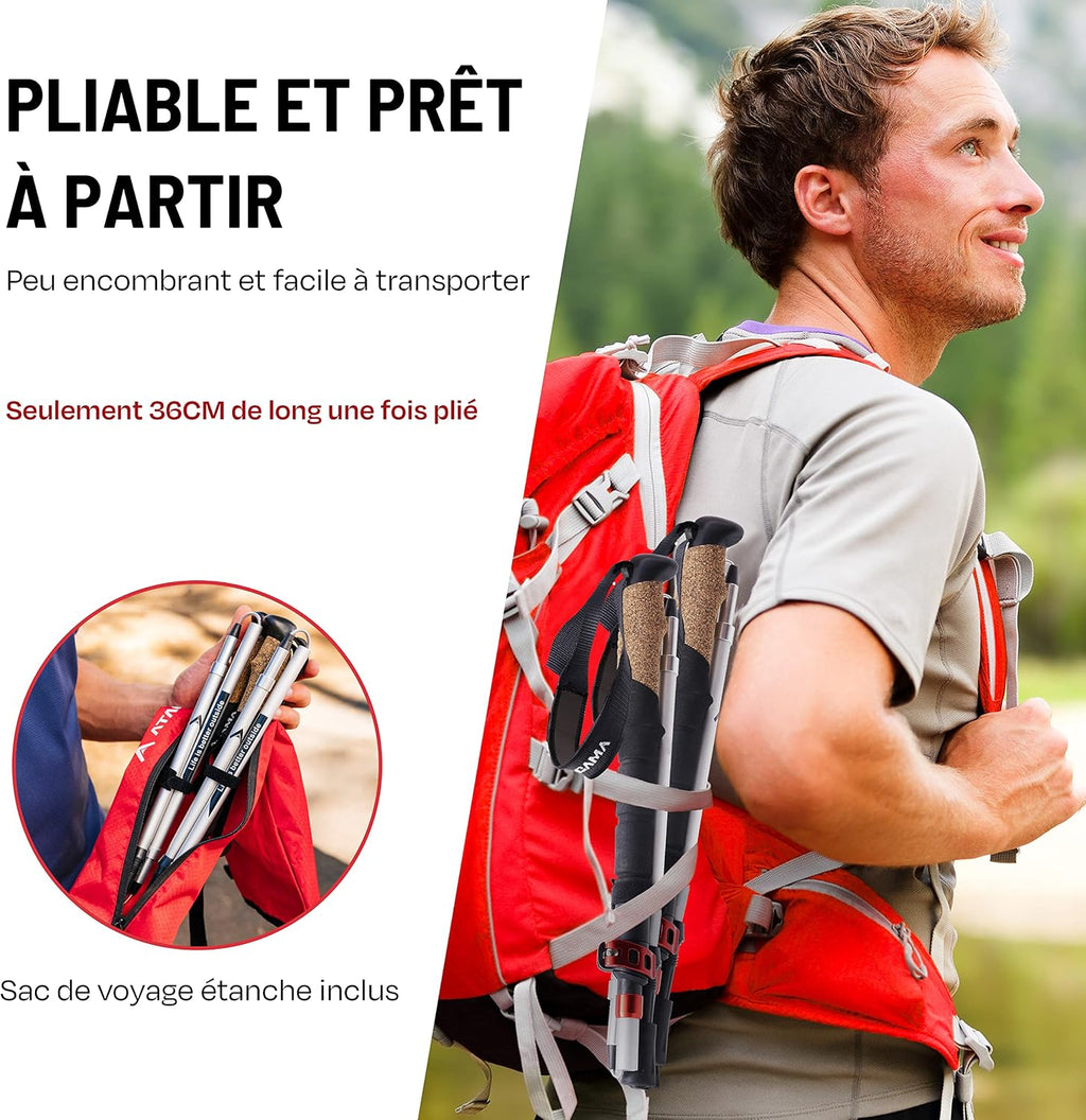 ATACAMA Lightweight Foldable Carbon and Aluminum 7075 Collapsible Hiking Sticks with Cork Handle - Hiking Poles Telescopic Trekking Poles Folding Walking Sticks For Hiking Accessories Nordic Walking Poles