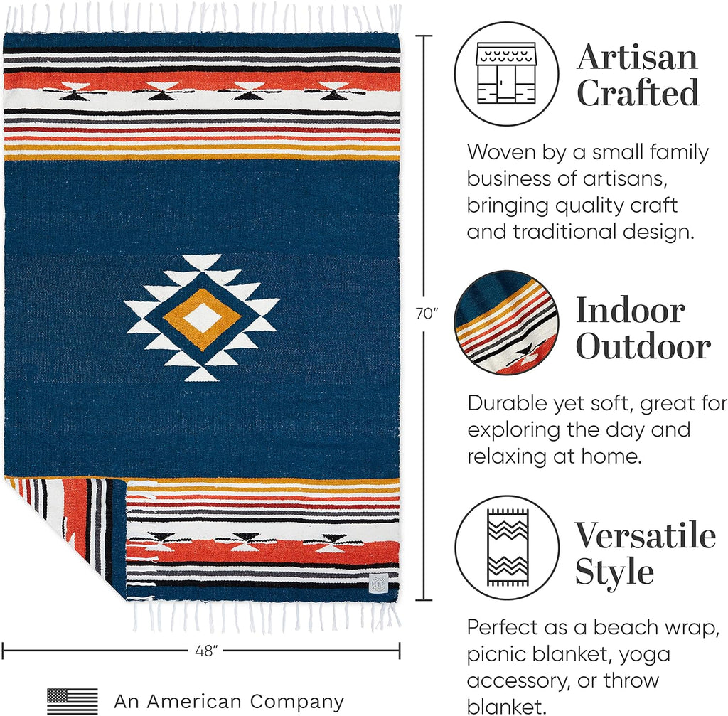 Blue and Tan Mexican Blanket by Laguna Beach Textile Co - Beach, Yoga, Camping, or Decorative Throw Blanket - Traditional Handmade Serape - Navy Baja
