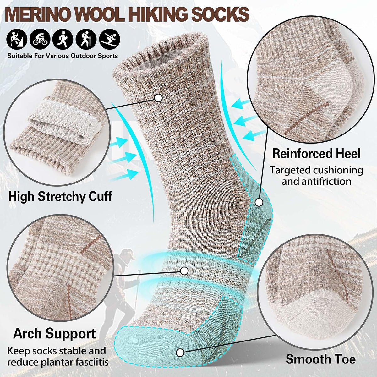 Sandsuced Merino Wool Hiking Socks Thermal Warm Winter Cozy Crew with Cushioned Sole & Moisture Wicking 5 Pairs for Women