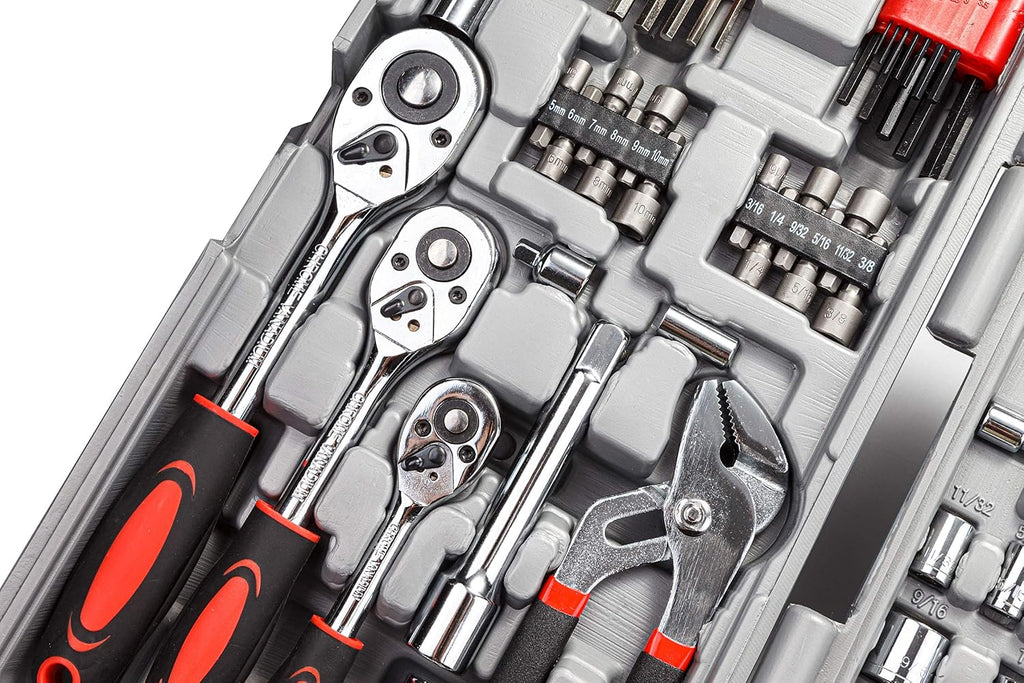 CARTMAN 205-Piece Ratchet Wrench Tool Set, SAE/Metric Socket Kit Carry Case