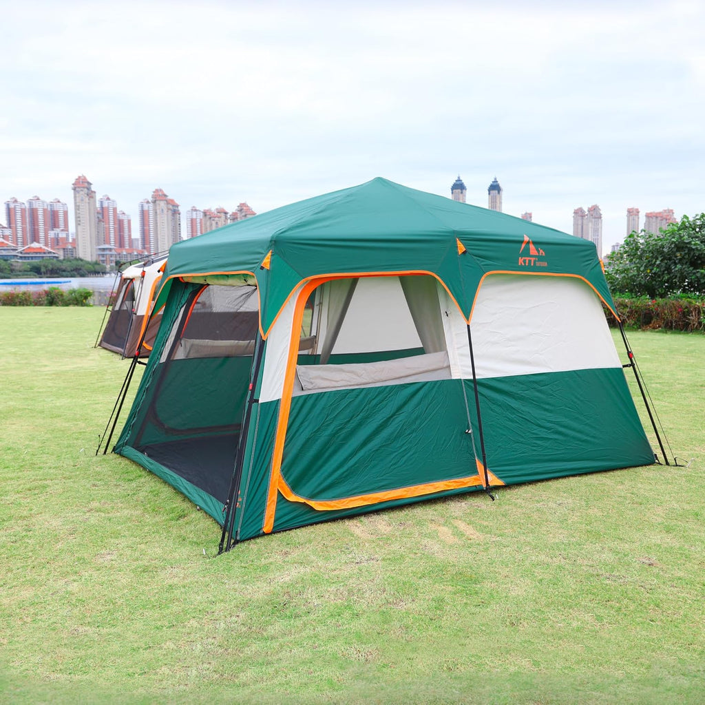 KTT Extra Large Tent 10-12-14 Person(B),Family Cabin Tents,2 Rooms,3 Doors and 3 Windows with Mesh,Straight Wall,Waterproof,Double Layer,Big Tent for Outdoor,Picnic,Camping,Family Gathering