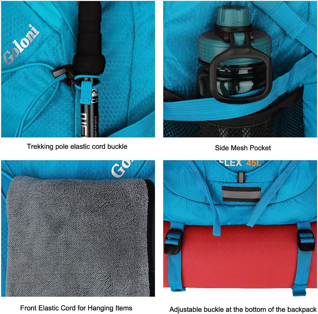 Goloni 45L Hiking Backpack Lightweight Foldable, Waterproof Camping Backpack with Rain Cover & Hiking Pole Mat Carrying System, Ergonomic Water Resistant Daypack for Trekking Travel Men Women Blue