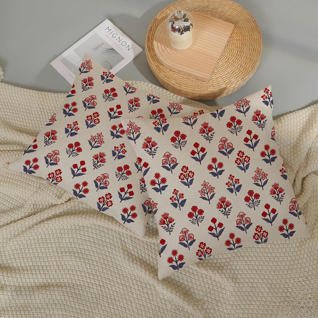 4th of July Pillow Covers 18x18 Inch 2 Pcs Red Blue Block Print Vintage Floral Patriotic Outdoor Decor Throw Pillows Memorial Day Holiday Decoration Pillowcase Linen Cushion Cover for Couch