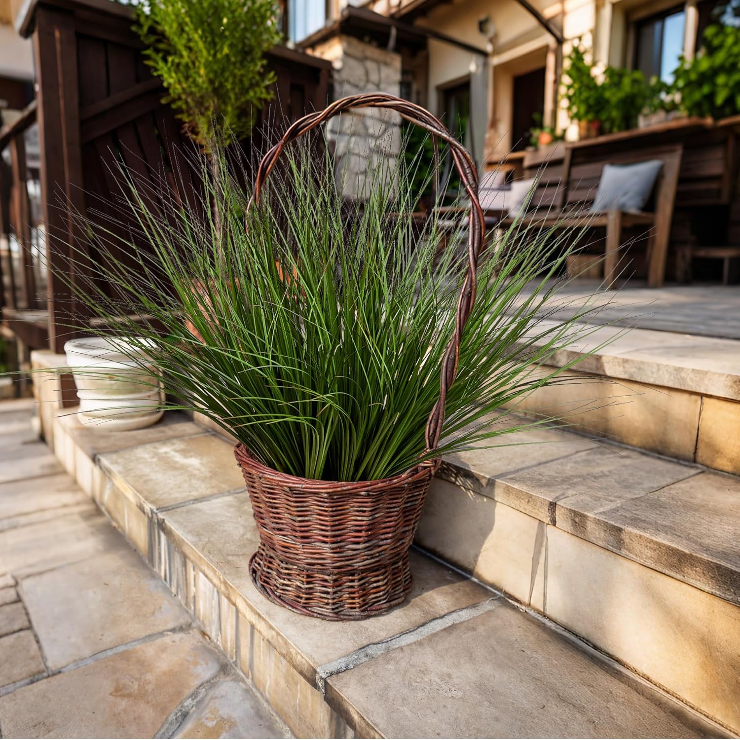 Artificial Wheat Grass, 8 Stems, 17.3" Fake Plants Faux Grass Greenery for Indoor & Outdoor Décor, Artificial Greenery for Planters, Porch, Patio & Home Decoration