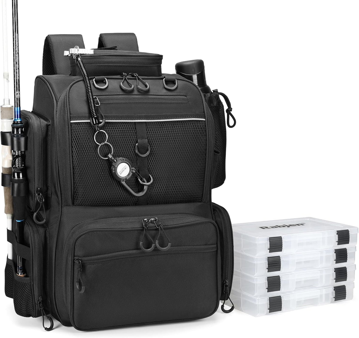 Rabjen Fishing Tackle Backpack with Rod Holders, Bottle Holder, Storage Bag Store Fishing Gear