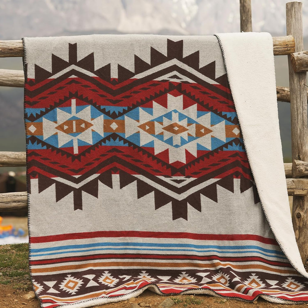 Aztec Throw Blanket with Soft Sherpa Lining, Traditional Southwestern Navajo Tribal Style Warm Throw for Camping, Outdoor, Cozy Boho Blanket for Couch, Sofa, Bed, 50"x60", Red