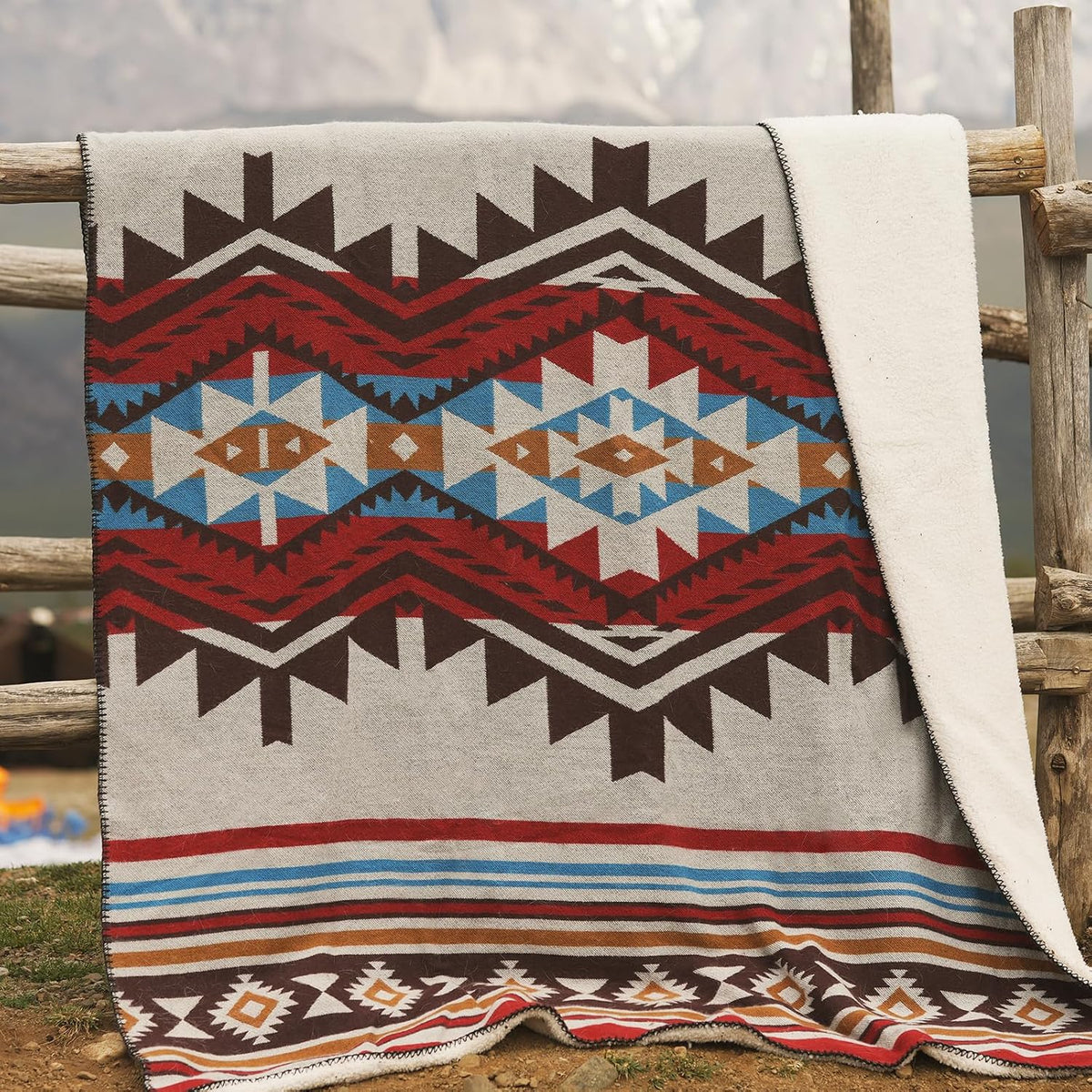 Aztec Throw Blanket with Soft Sherpa Lining, Traditional Southwestern Navajo Tribal Style Warm Throw for Camping, Outdoor, Cozy Boho Blanket for Couch, Sofa, Bed, 50"x60", Red