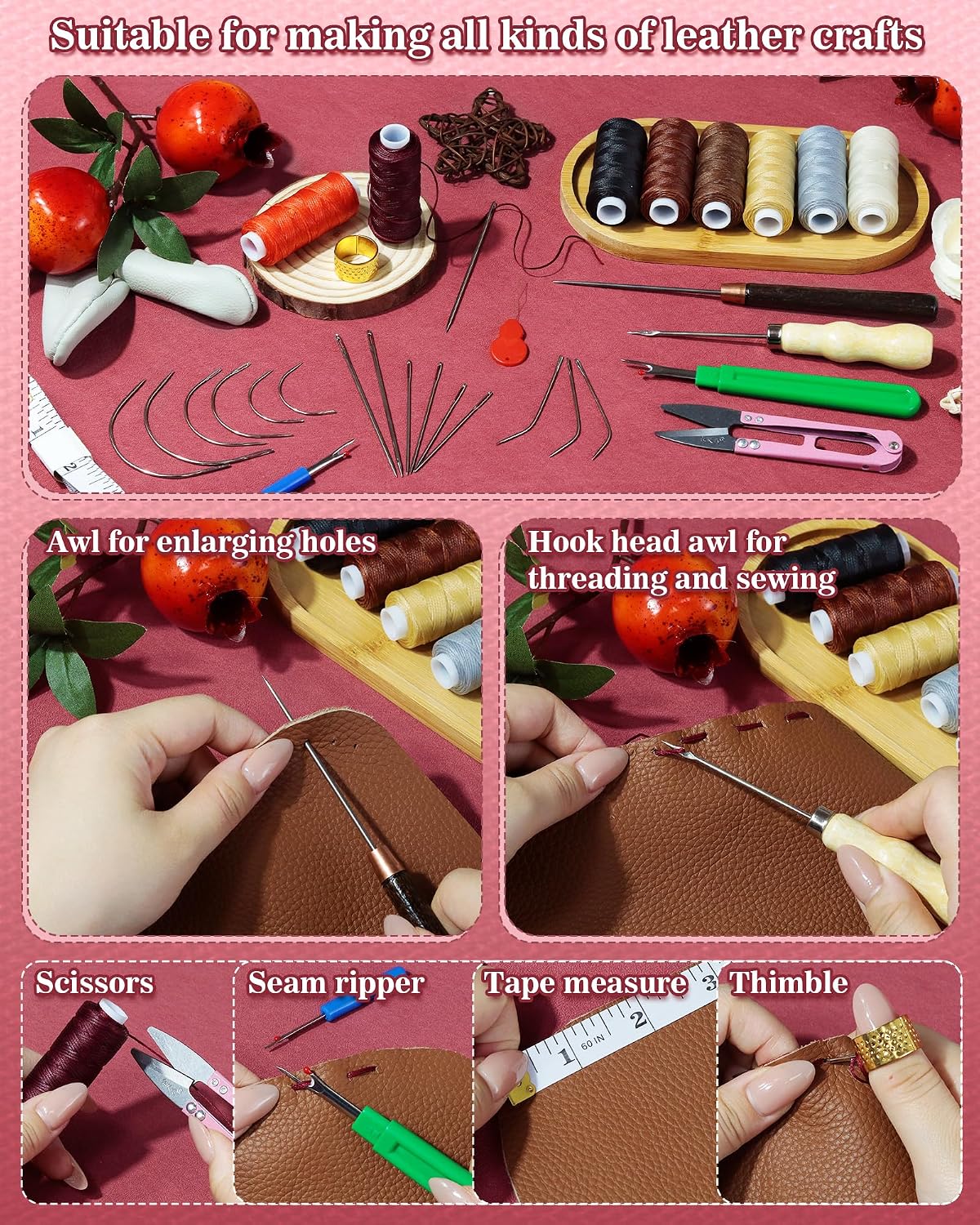 PLANTIONAL 8 Colors Waxed Thread Leather Sewing Kit, 47 Pcs Upholstery Repair Kit with Waxed Thread, Sewing Awl, Hand Stitching Needles, Leatherworking Tools for Car Seats, Sofa, Shoes, DIY Craft