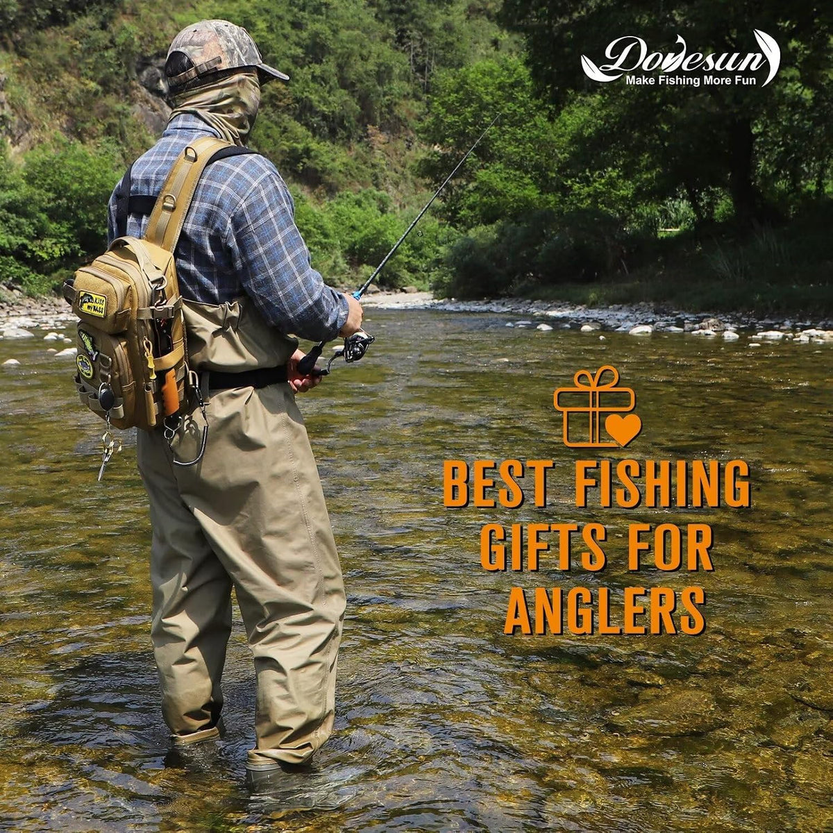 Dovesun Small Fishing Backpack with Tackle Boxes Fishing Sling Bag DIY Embroidery Patches Tackle Bag Gift for Men Khaki