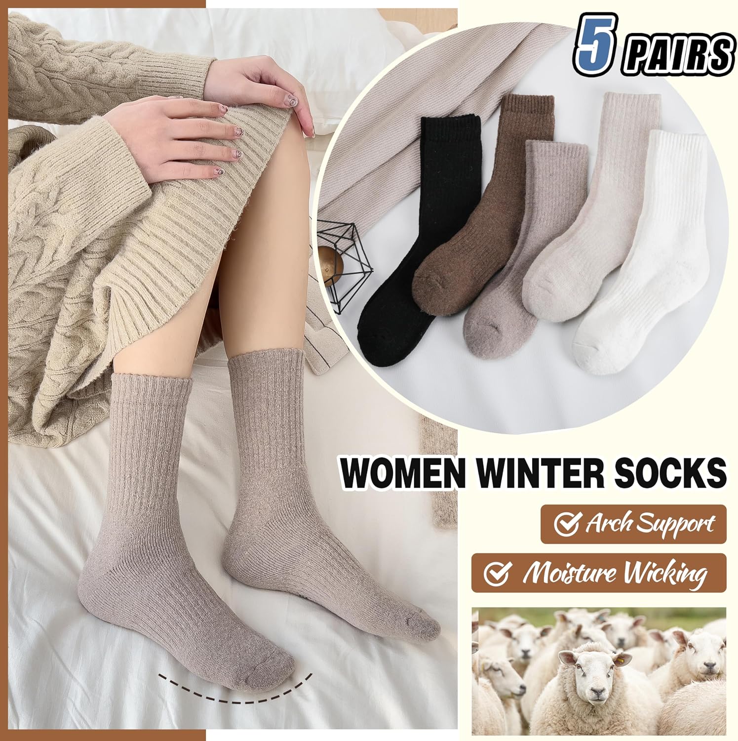 EBMORE 5 Pairs Women Merino Wool Boot Socks Warm Thermal Winter Thick Hiking Cozy Cabin Crew Comfy Socks for Ladies