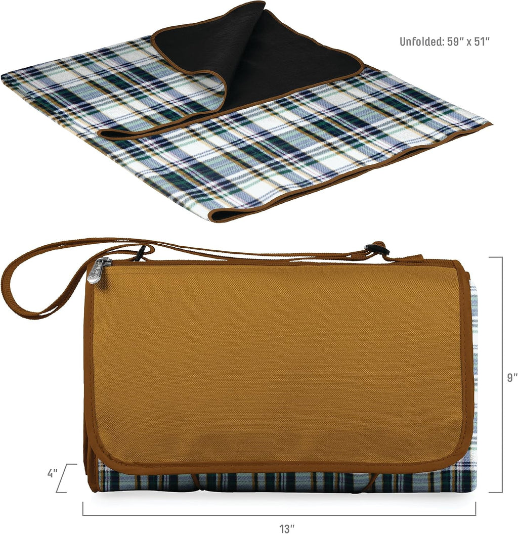 PICNIC TIME Outdoor Picnic Blanket Tote, 59"x51" Foldable Beach & Camping Blanket with Soft Fleece, Water-Resistant Bottom, Adjustable Strap & Zippered Pocket (English Plaid, Beige Flap)