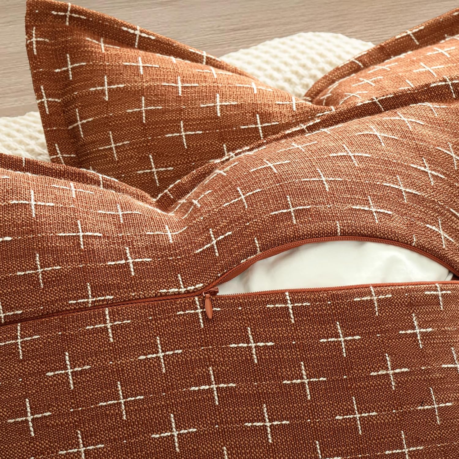ZWJD Fall Pillow Covers 18x18 Set of 2 Soft Polyester Textured Rust Pillow Covers with Stylish Flange Edge Cozy Farmhouse Throw Pillows for Couch Bed Sofa Living Room Fall Decor