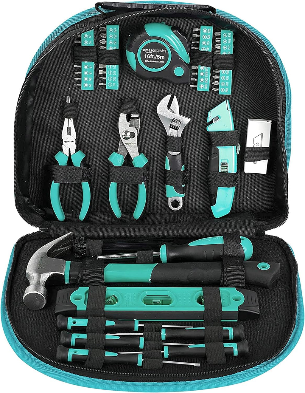 Amazon Basics 104-Piece Home Repair Household Tool Set with Easy Carrying Round Pouch, Portable Hand Tool Kit, Turquoise, 14.4 x 11.4 x 3 inches