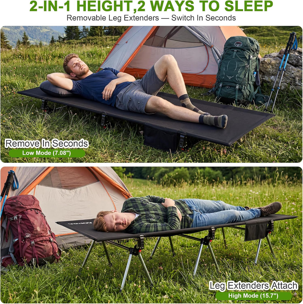 Height Adjustable Camping Cot, 350lbs Heavy-Duty Aluminum Frame, Black