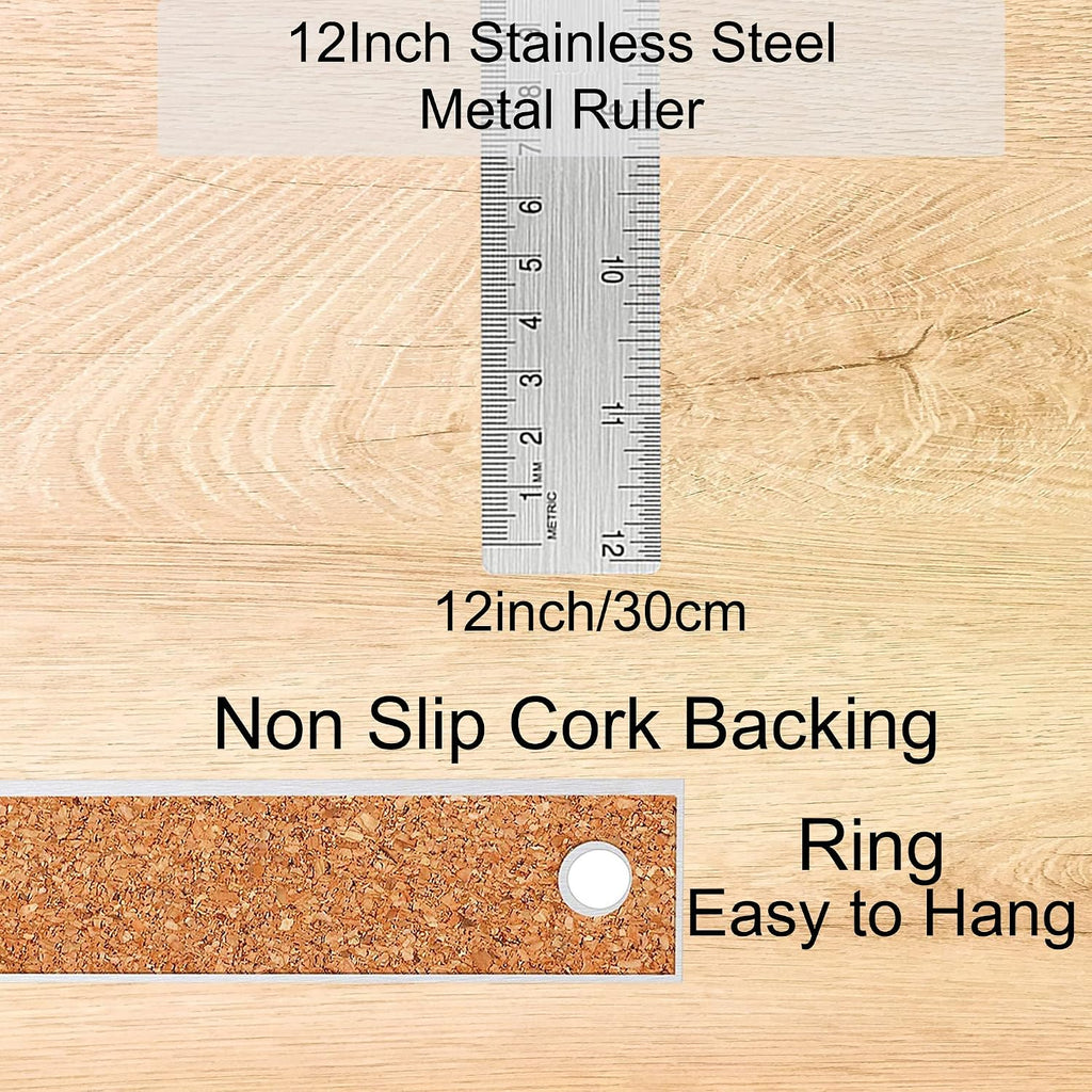 Stainless Steel Metal Ruler:[10 Pieces 12 Inch] Stainless Steel Metal Ruler with Cork Backing Non-Slip Rulers with Inch and Centimeters Metal Ruler Drafting Office Tools Prevent Ink Leakage