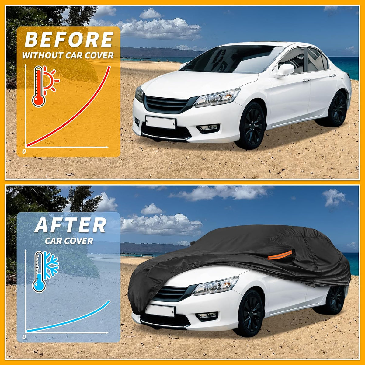 Universal Car Cover Waterproof All Weather 210D-PU, UV Sun Rain Protection, Fits for Sedan Length 199"-208", with Left Side Zipper, Black