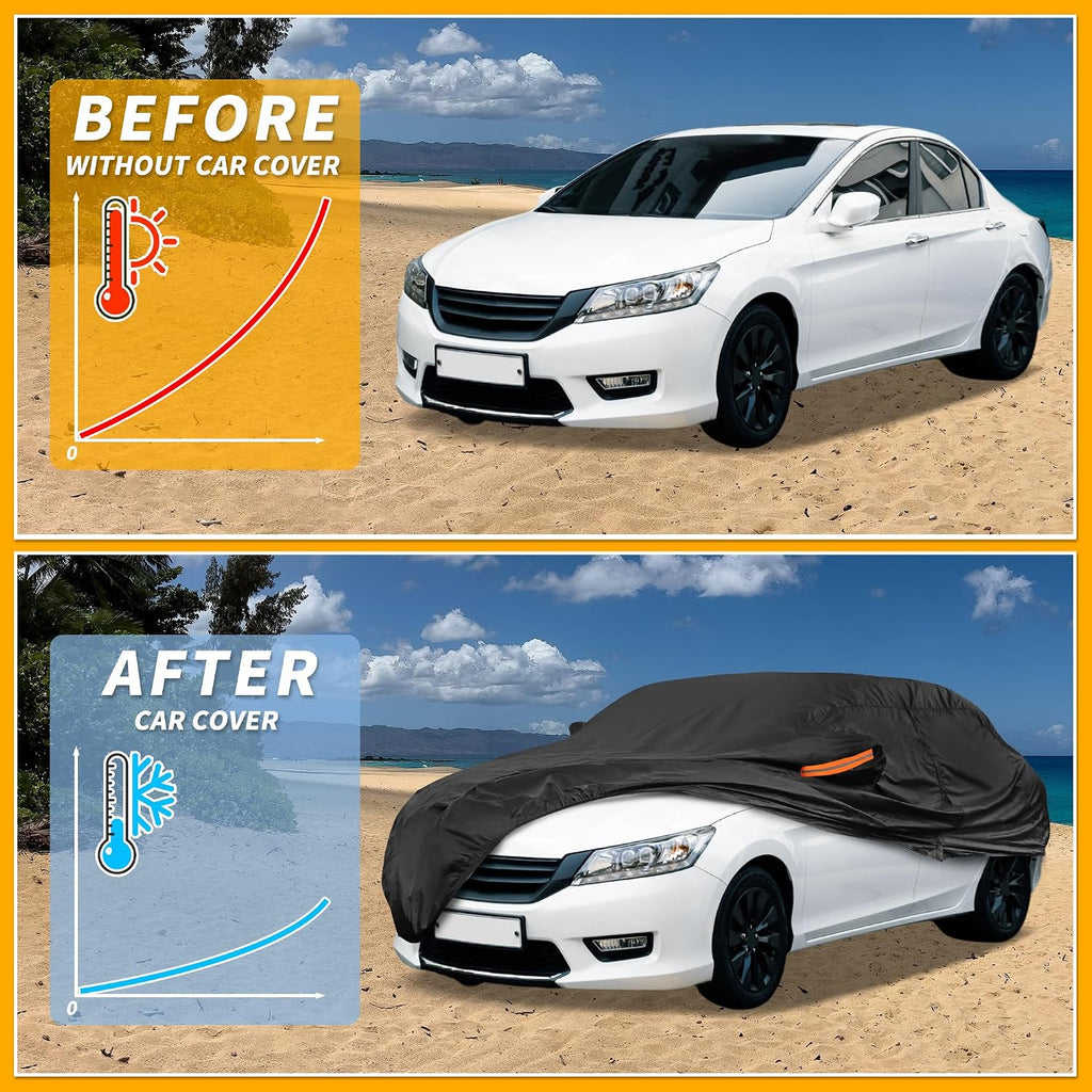 Universal Car Cover Waterproof All Weather 210D-PU, UV Sun Rain Protection, Fits for Sedan Length Up to 177", with Left Side Zipper, Black