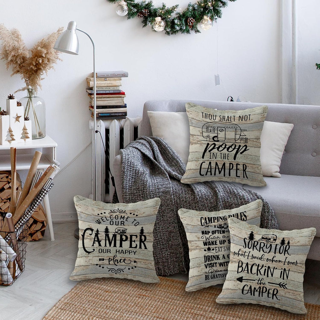 Happy Camper Pillow Cushion Cover Set of 6, 18 x 18 Inch - RV, Trailer & Camping Decor
