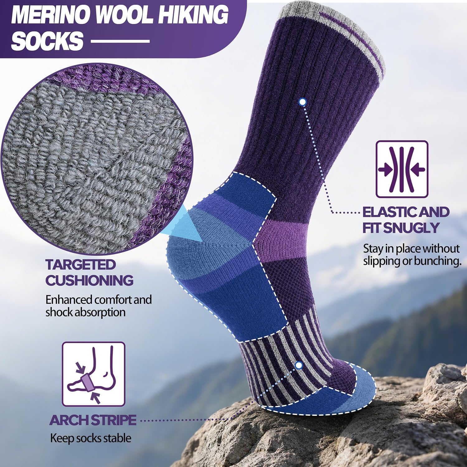 MOGGEI 5 Pairs Merino Wool Hiking Socks Warm Thermal Winter Cozy Cushioned Moisture Wicking Socks for Women & Men