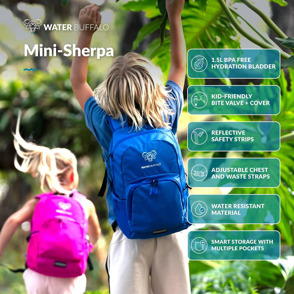Water Buffalo Mini Sherpa Kids Hydration Backpack, 1.5L Bladder, Hiking