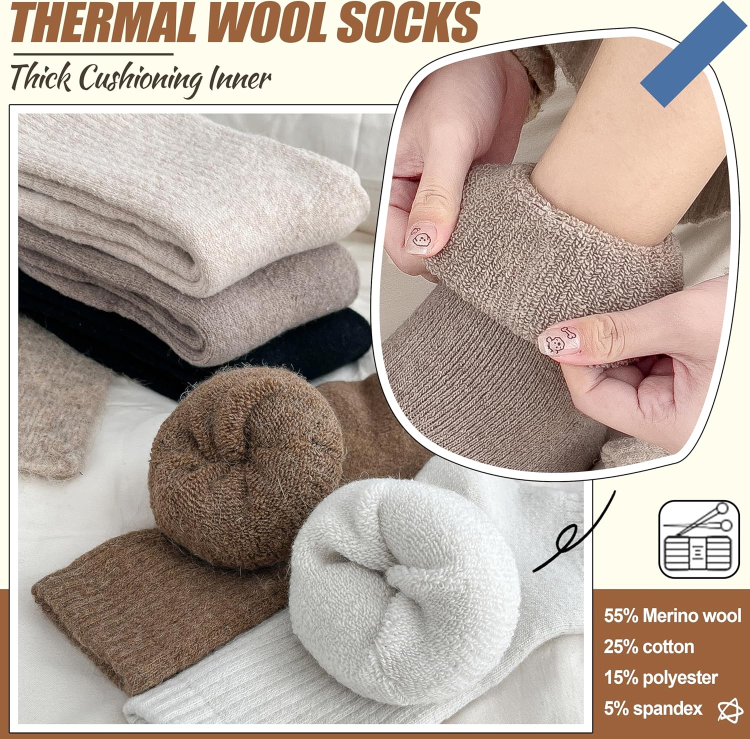 EBMORE 5 Pairs Women Merino Wool Boot Socks Warm Thermal Winter Thick Hiking Cozy Cabin Crew Comfy Socks for Ladies