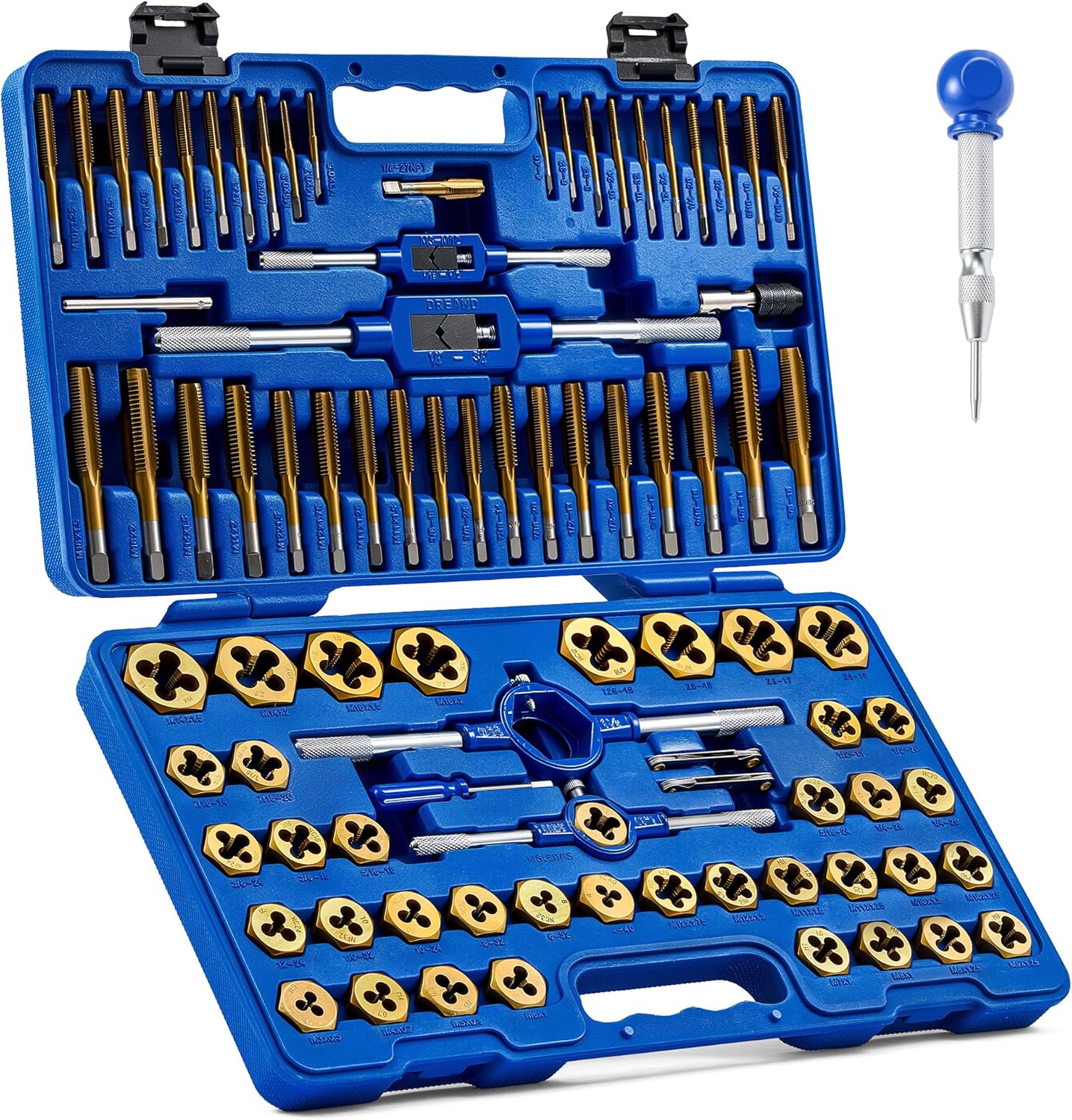 OMT 87pc Tap and Die Set, Titanium-Plated SAE and Metric Threading Kit