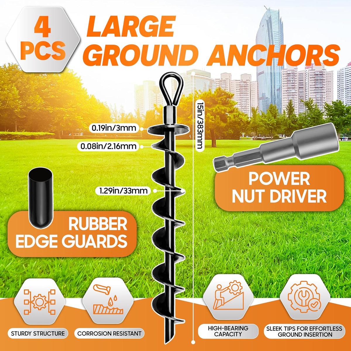 [Premium] 4PCS Ground Anchors Screw in & Power Nut Driver, Swing Set Anchor