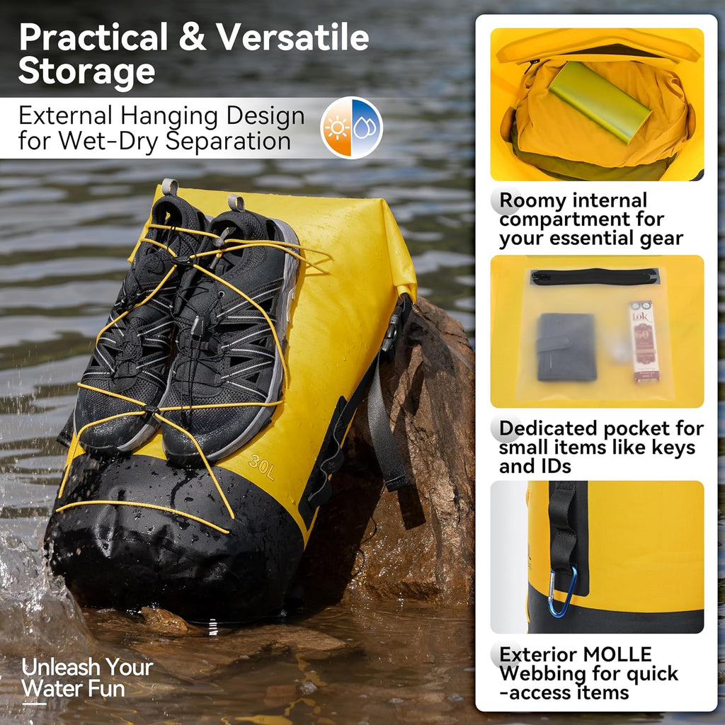MARCHWAY Floating Roll Top Dry Bag, Flexible Lightweight TPU-coated Nylon Waterproof Backpack 20L/30L/40L with Padded Straps for Boating, Kayaking, Swimming, Hiking, Beach (Yellow, 30L)