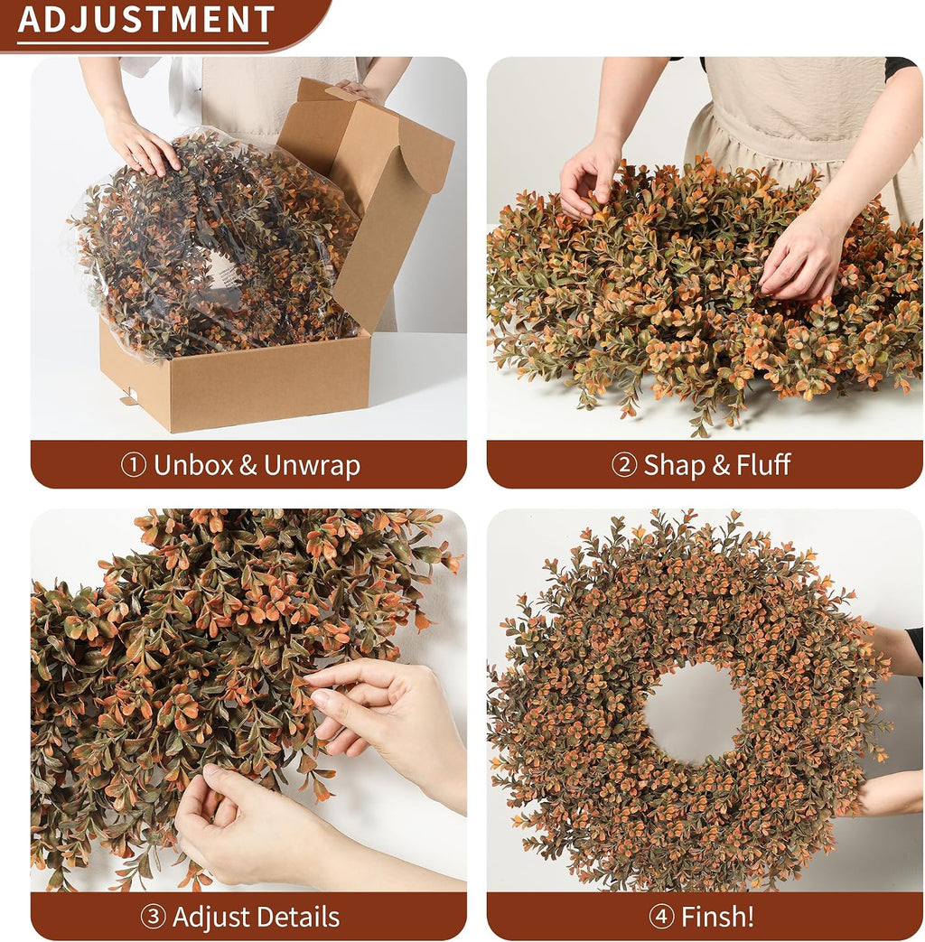 26'' Fall Wreath for Front Door, Artificial Autumn Boxwood Wreath Outdoor